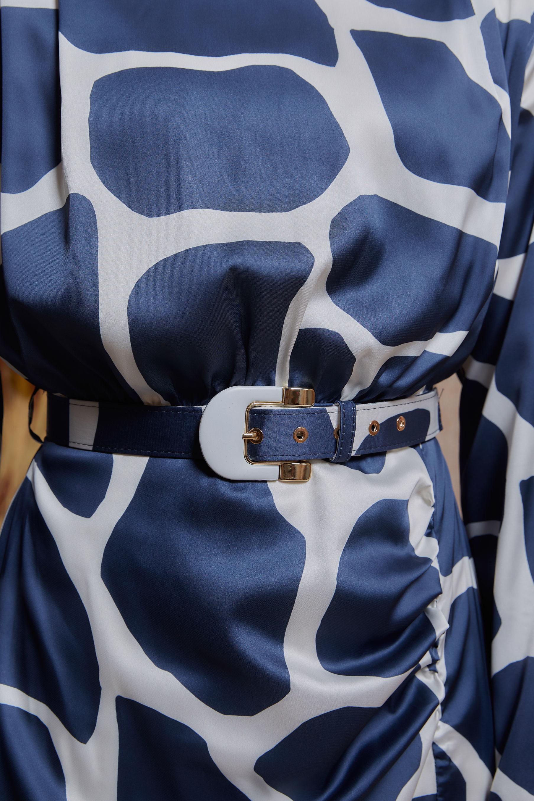 Tesettür giyim LACİVERT DESENLİ KEMERLİ SATEN ELBİSE 44506