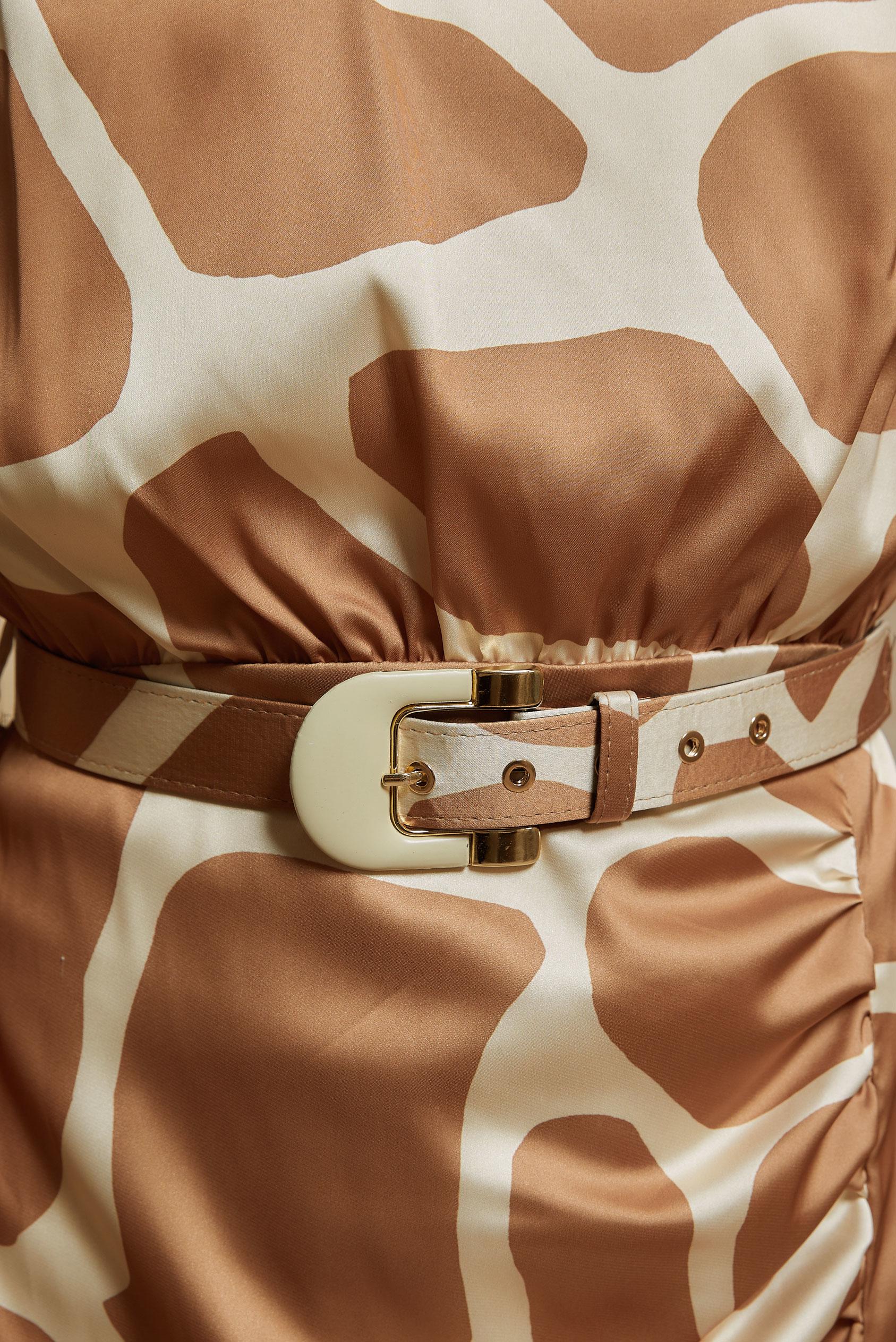 Tesettür giyim BEJ DESENLİ KEMERLİ SATEN ELBİSE 44506