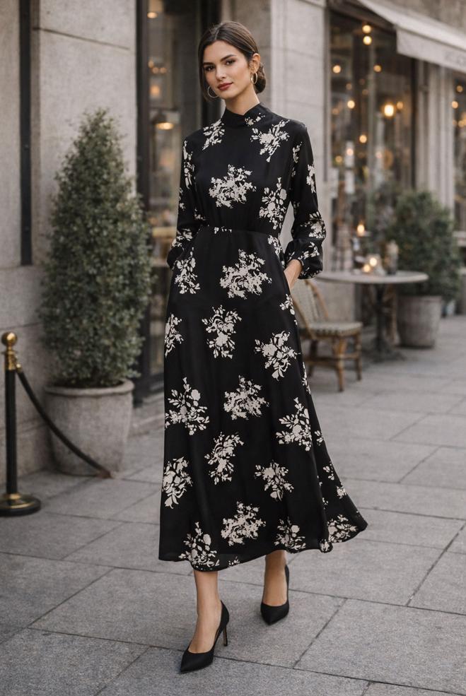 Vêtements hijab NOIR 44507 ŞİFON SATEN  ELBİSE 38-46 TEK 40 - ALVİNA