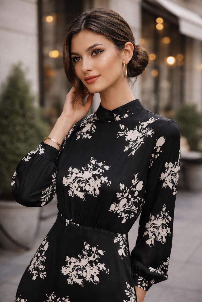 Vêtements hijab NOIR 44507 ŞİFON SATEN  ELBİSE 38-46 TEK 40 - ALVİNA