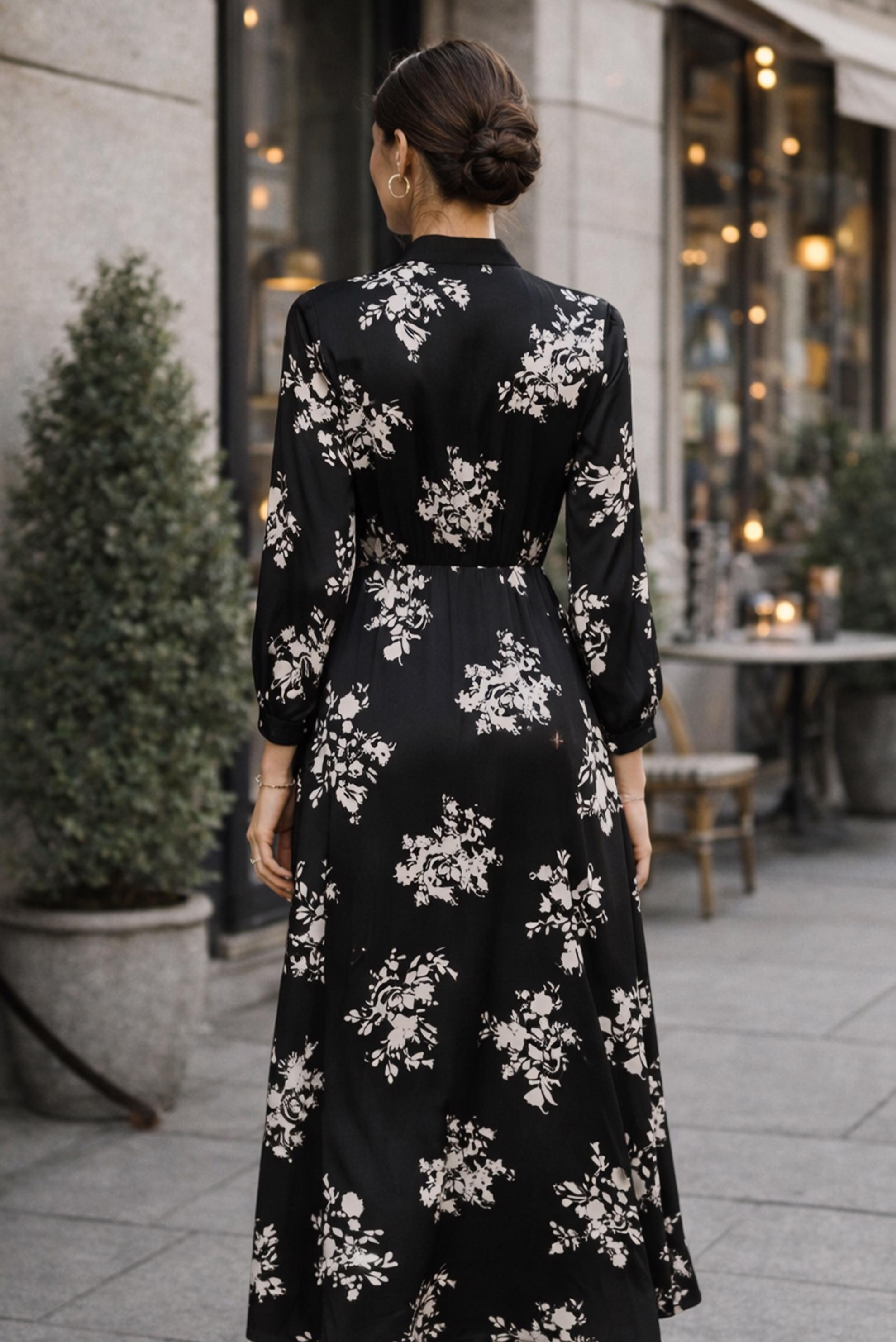 Tesettür giyim SİYAH 44507 ŞİFON SATEN  ELBİSE 38-46 TEK 40