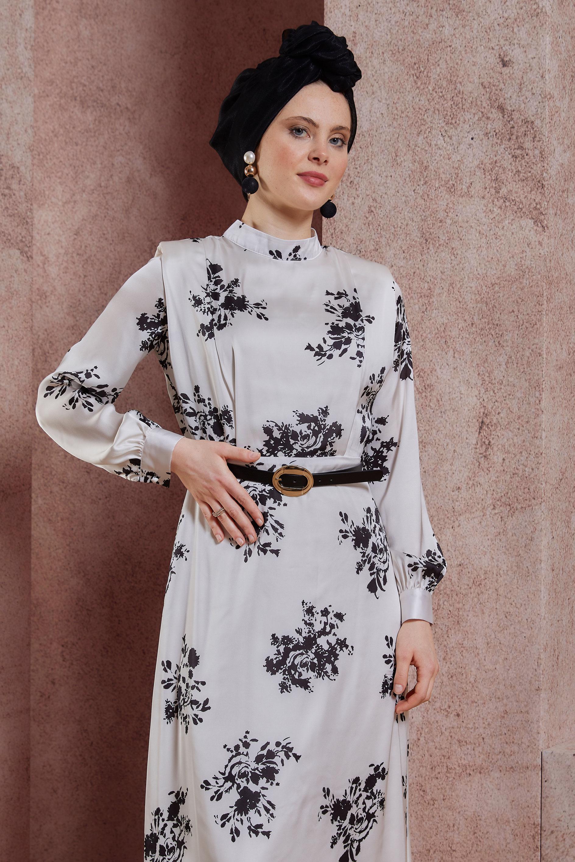 Hijab clothing BEIGE PATTERNED SATIN DRESS 44507