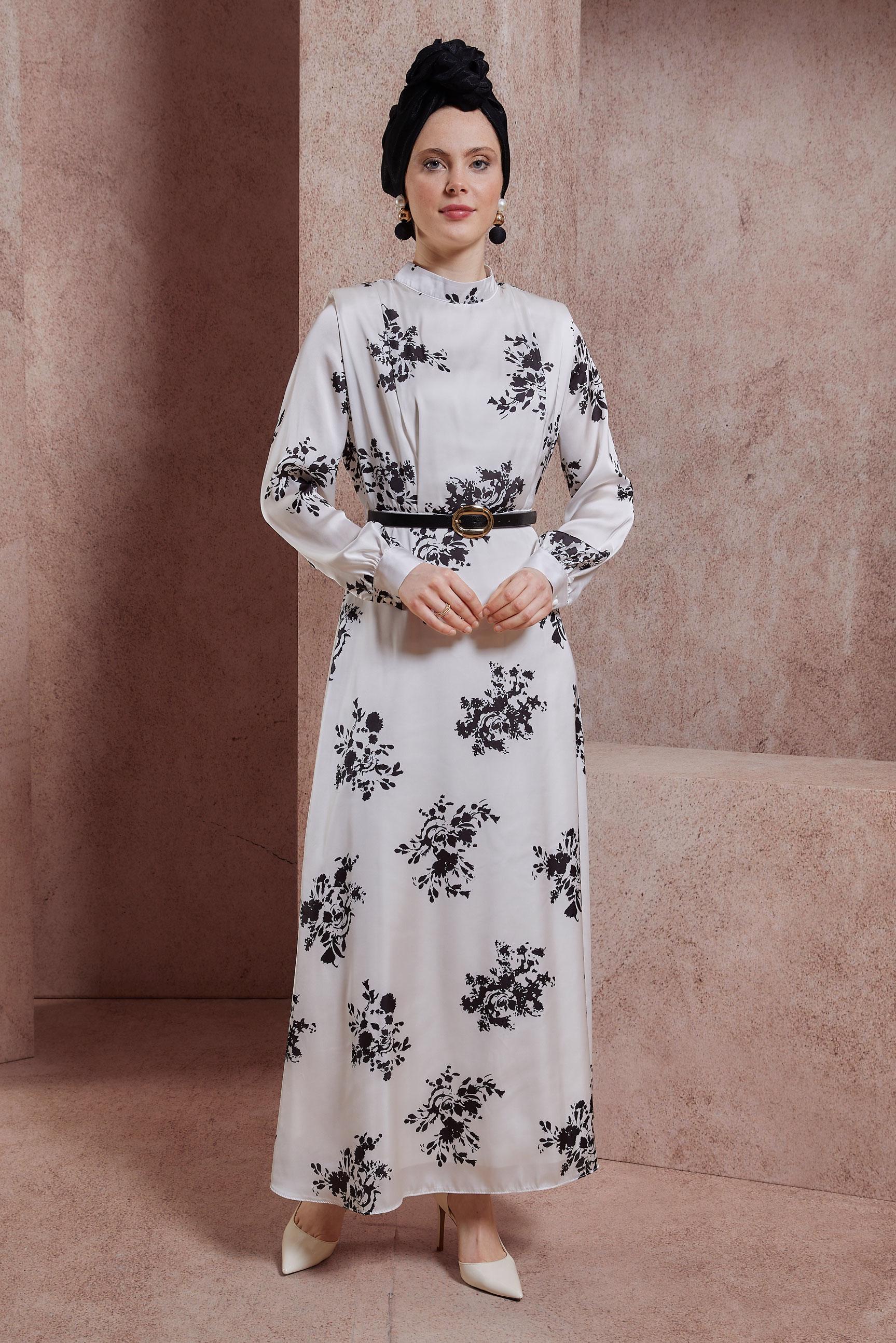 Hijab clothing BEIGE PATTERNED SATIN DRESS 44507