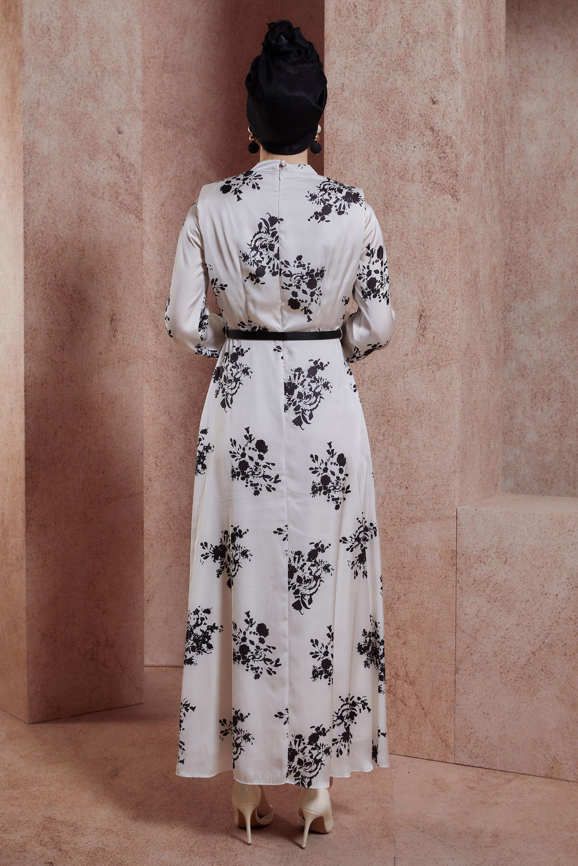 Hijab clothing BEIGE PATTERNED SATIN DRESS 44507