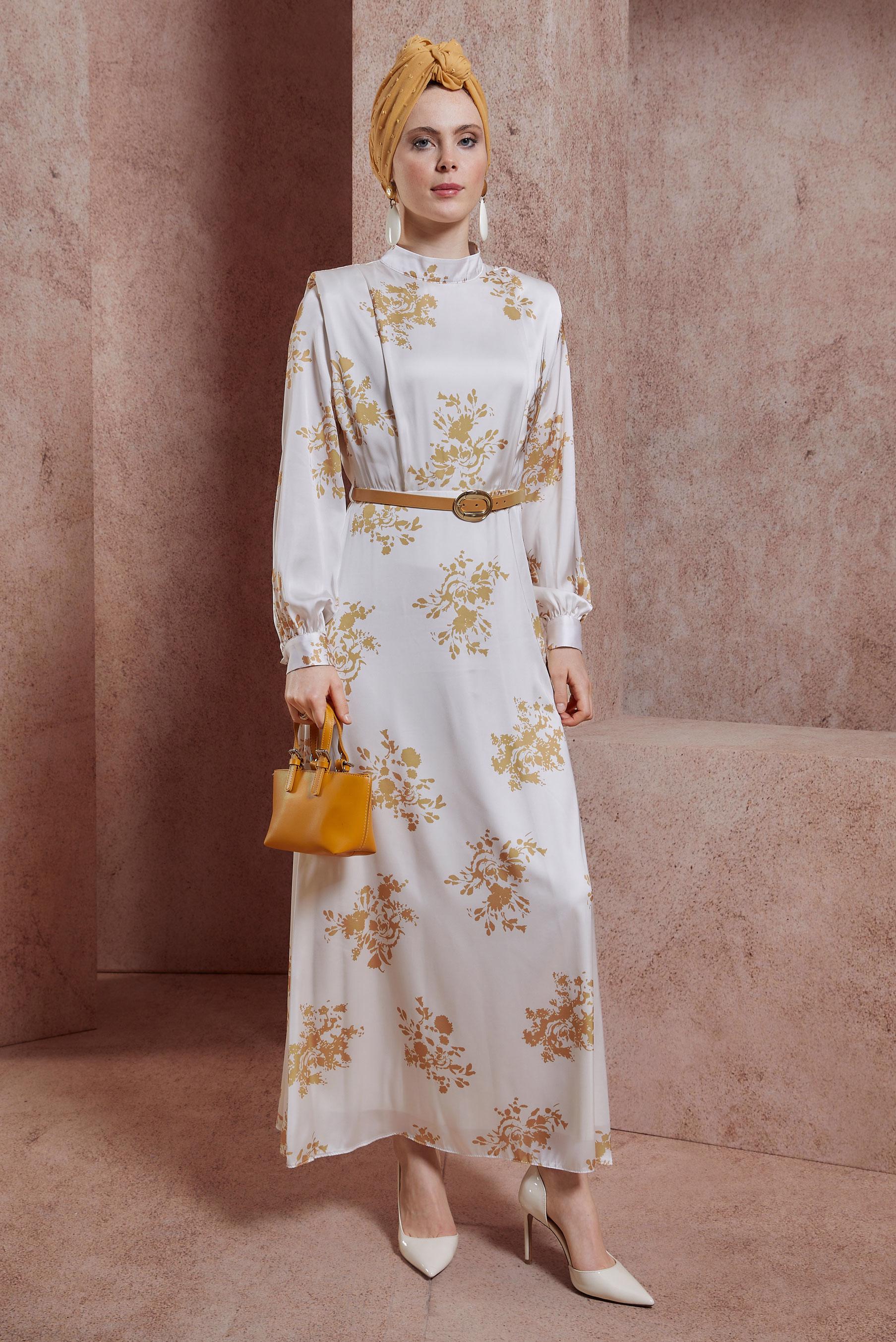 Tesettür giyim BEJ DESENLİ SATEN ELBİSE 44507