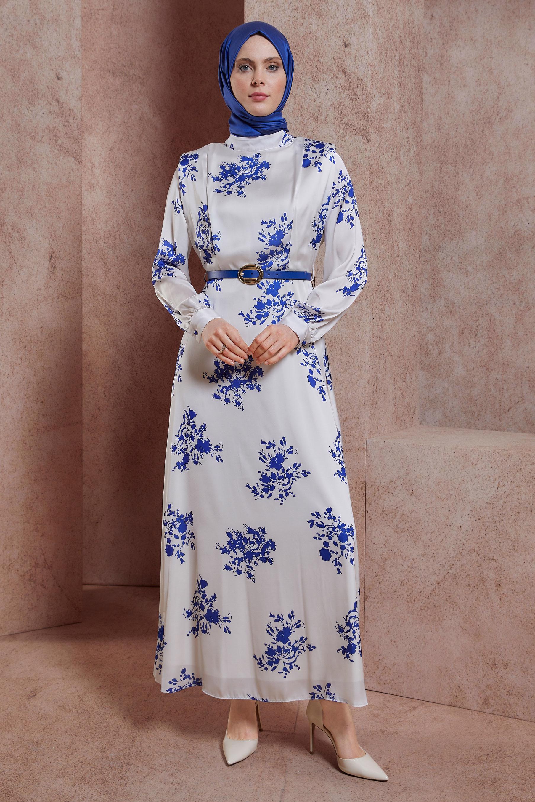 Tesettür giyim BEJ DESENLİ SATEN ELBİSE 44507