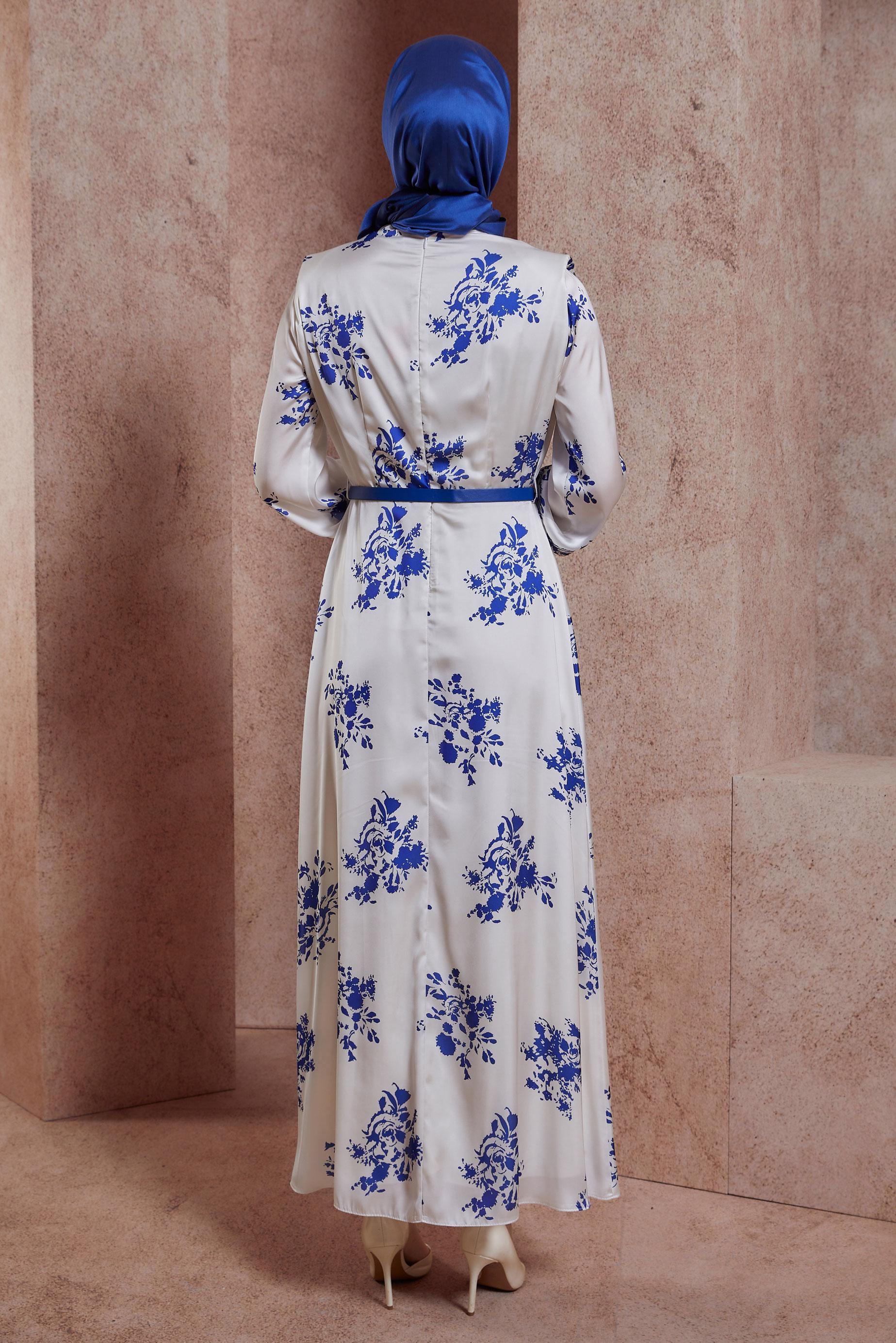 Tesettür giyim BEJ DESENLİ SATEN ELBİSE 44507