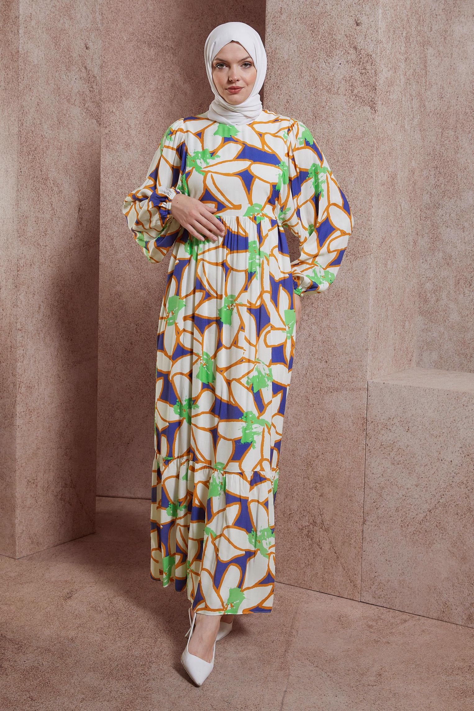 Tesettür giyim LACİVERT DESENLİ ELBİSE 44508