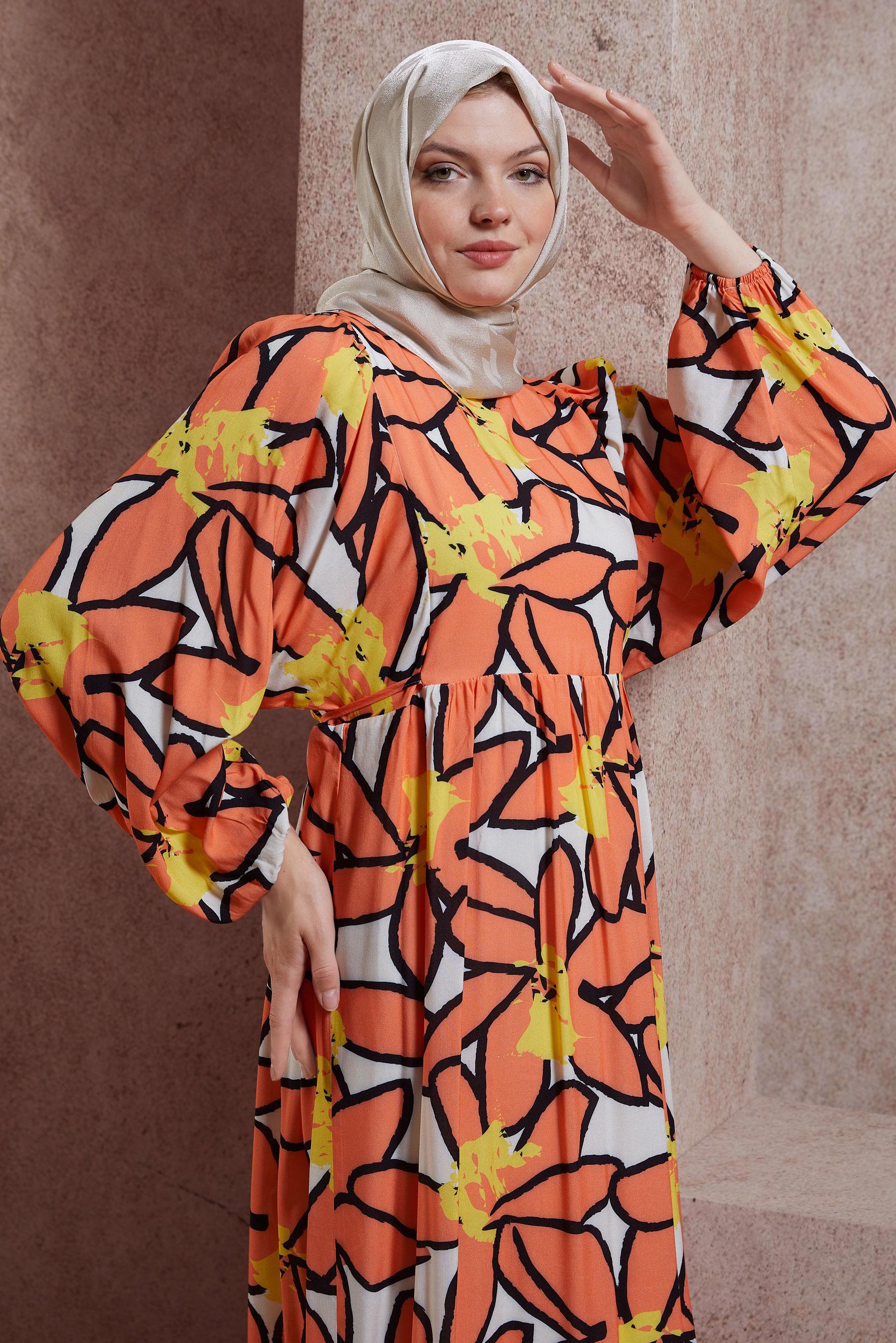 Tesettür giyim PUDRA DESENLİ ELBİSE 44508