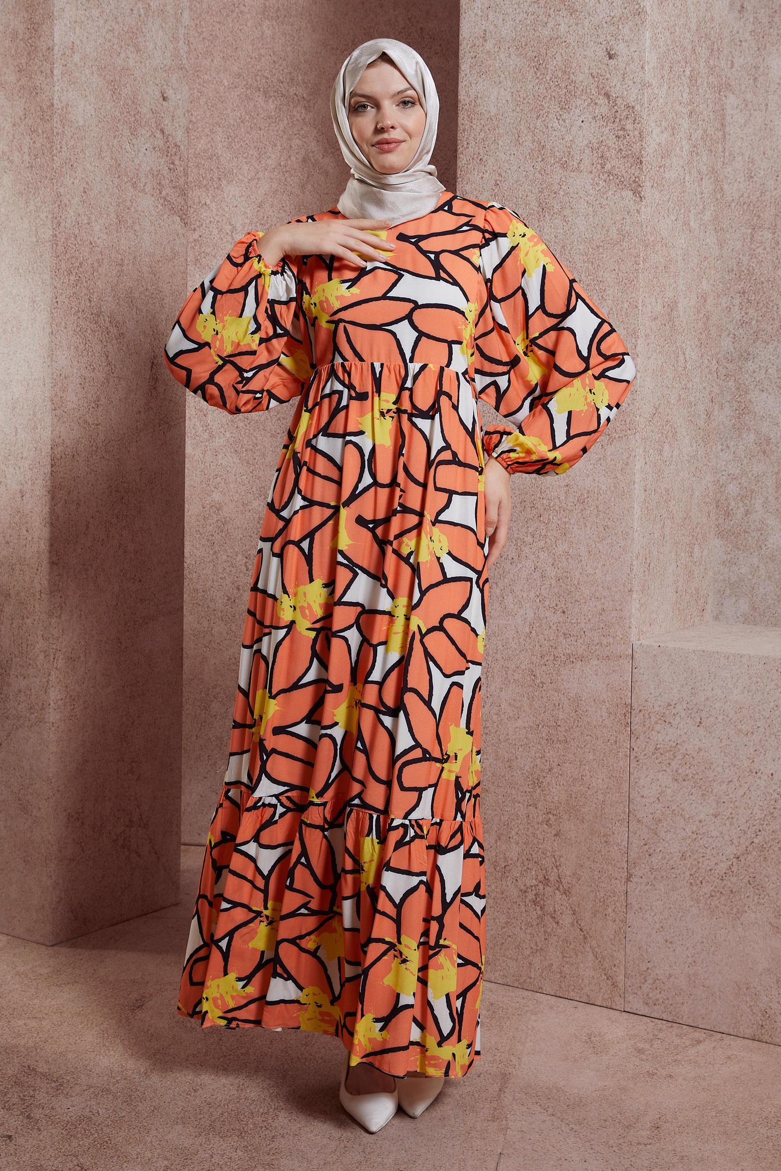 Tesettür giyim PUDRA DESENLİ ELBİSE 44508