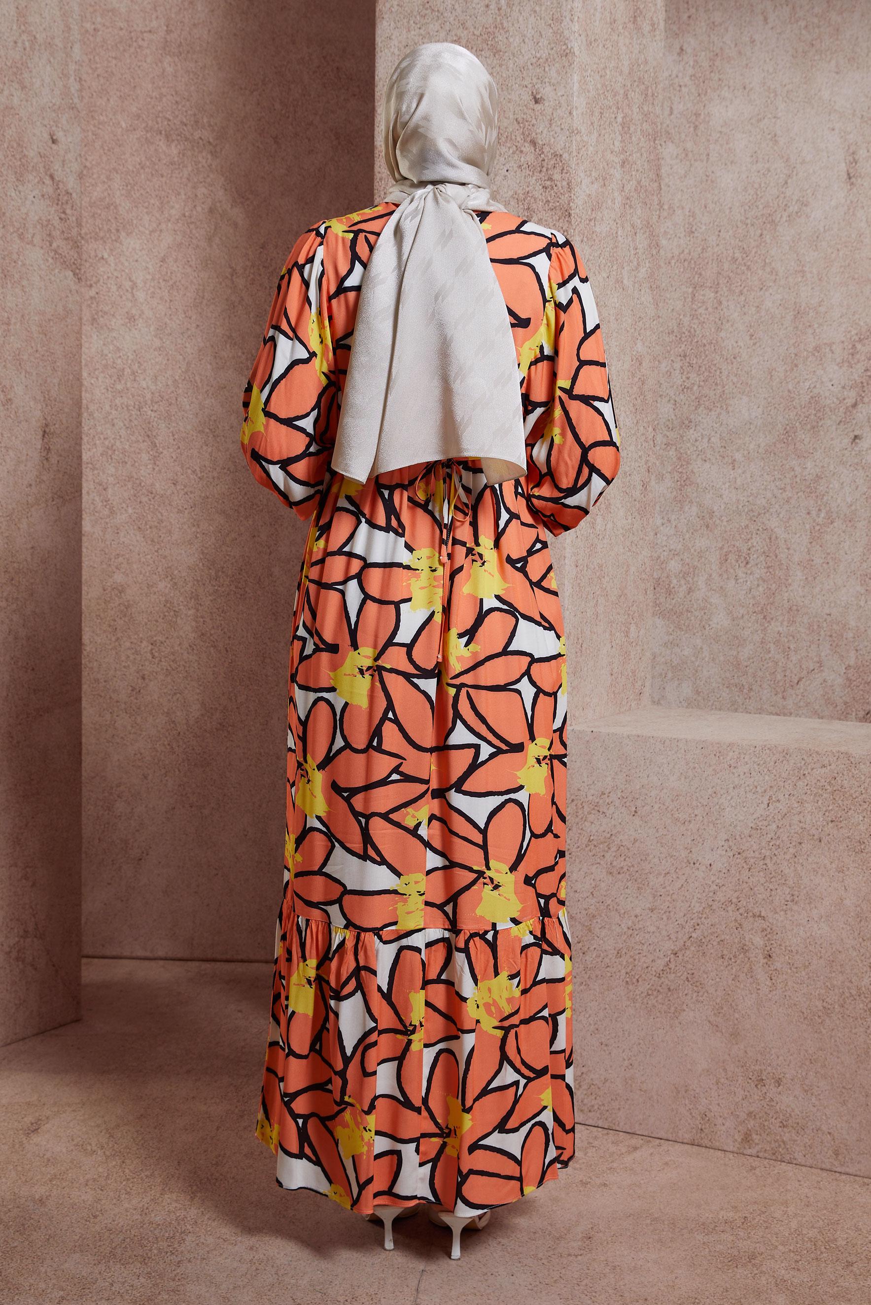 Tesettür giyim PUDRA DESENLİ ELBİSE 44508