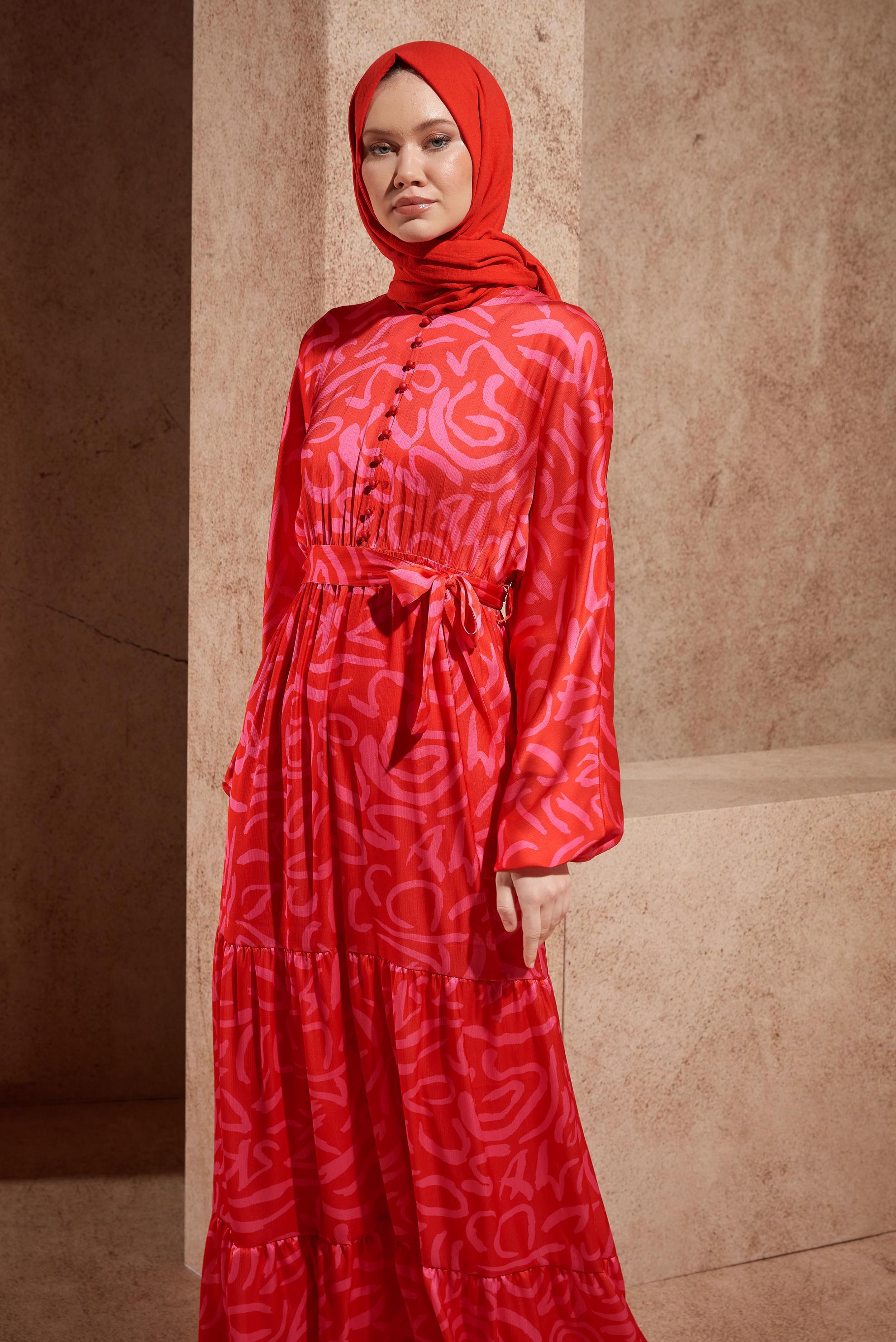 Hijab clothing RED BELTED PATTERNED DRESS 44509
