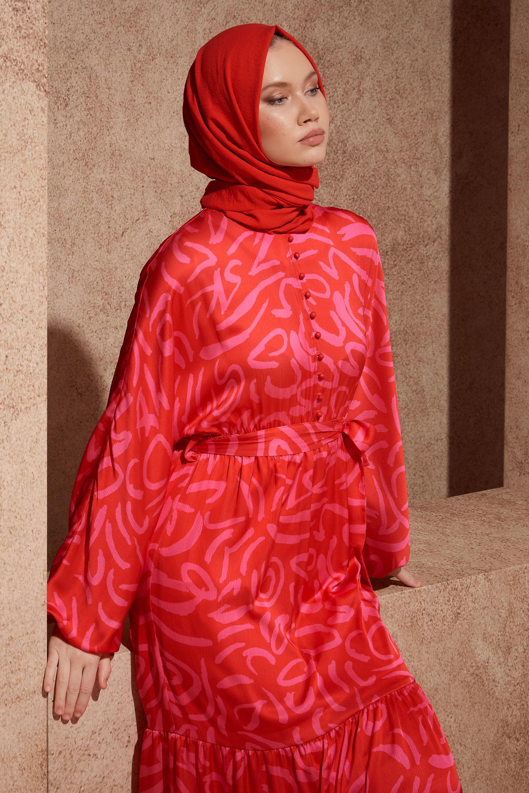 Hijab clothing RED BELTED PATTERNED DRESS 44509
