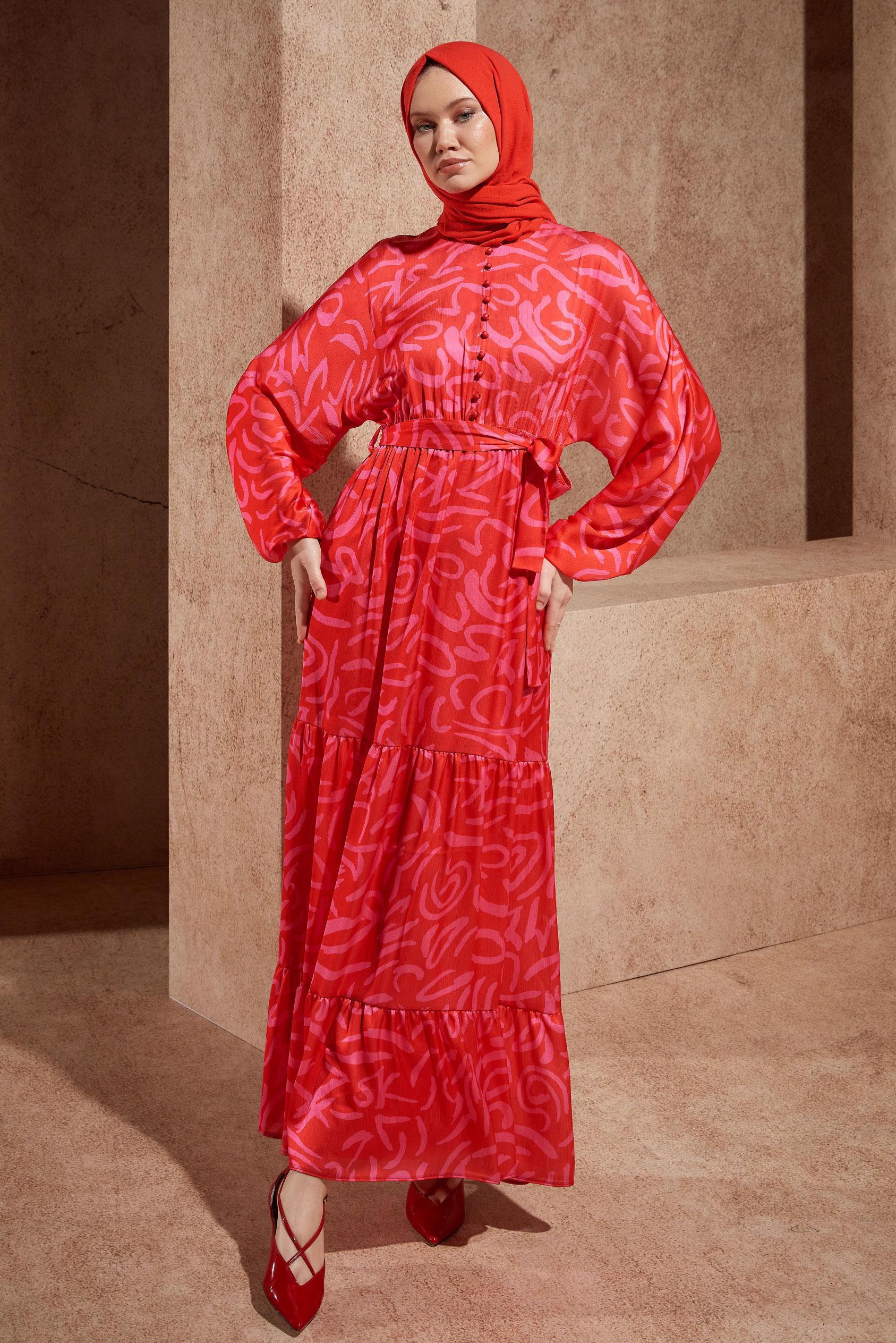 Hijab clothing RED BELTED PATTERNED DRESS 44509