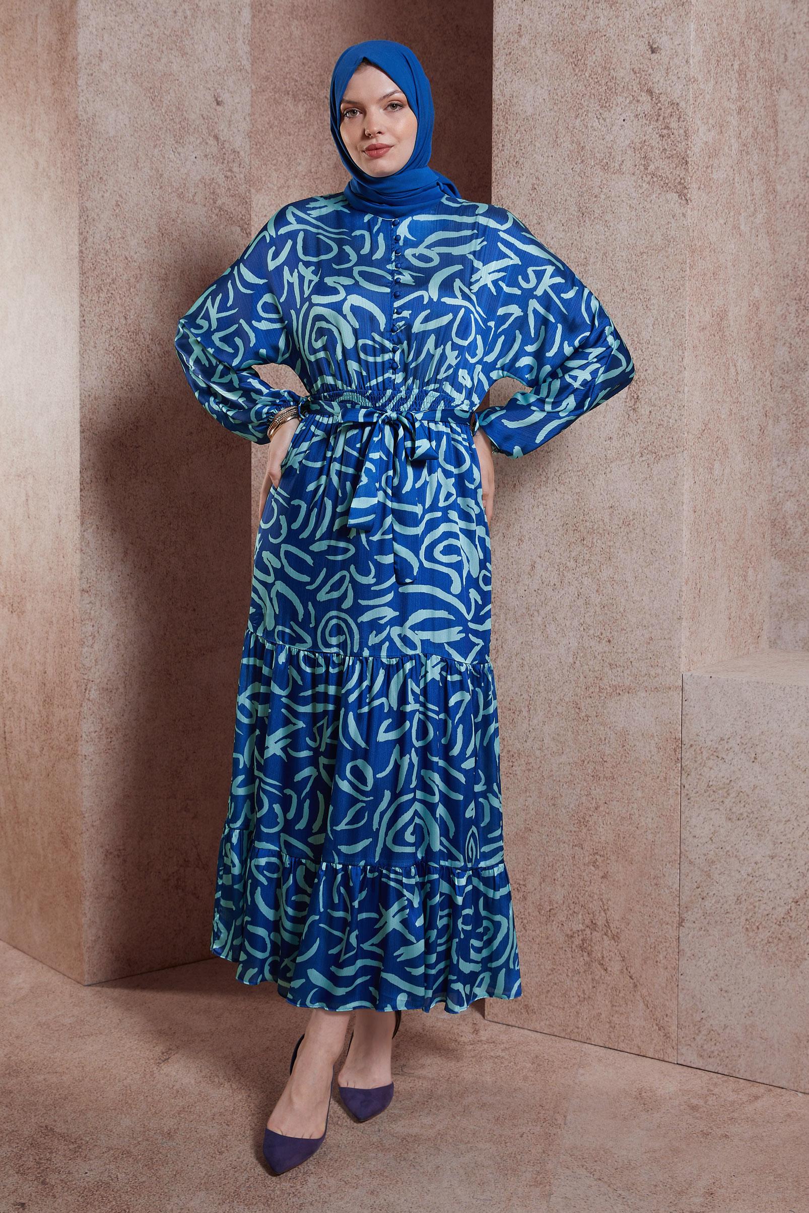 Tesettür giyim MAVİ KUŞAKLI DESENLİ ELBİSE 44509