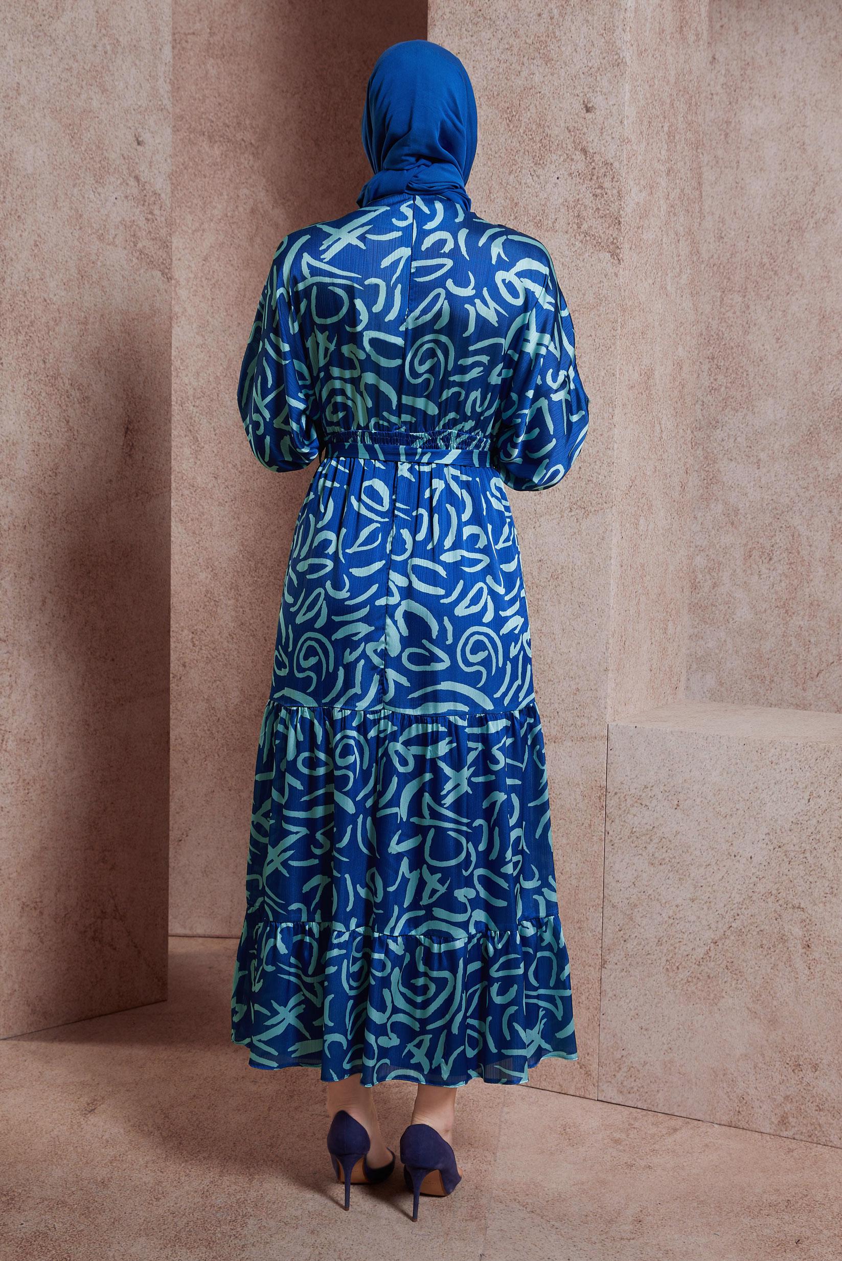 Tesettür giyim MAVİ KUŞAKLI DESENLİ ELBİSE 44509