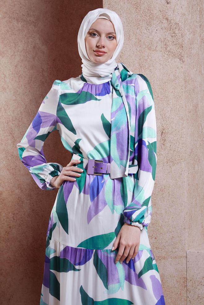 Tesettür giyim MOR KEMERLİ YORYO SATEN ELBİSE 44510 - ALVİNA