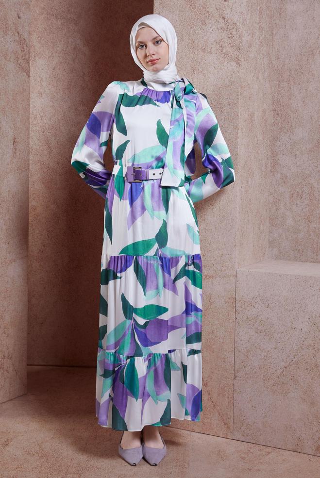 Tesettür giyim MOR KEMERLİ YORYO SATEN ELBİSE 44510 - ALVİNA