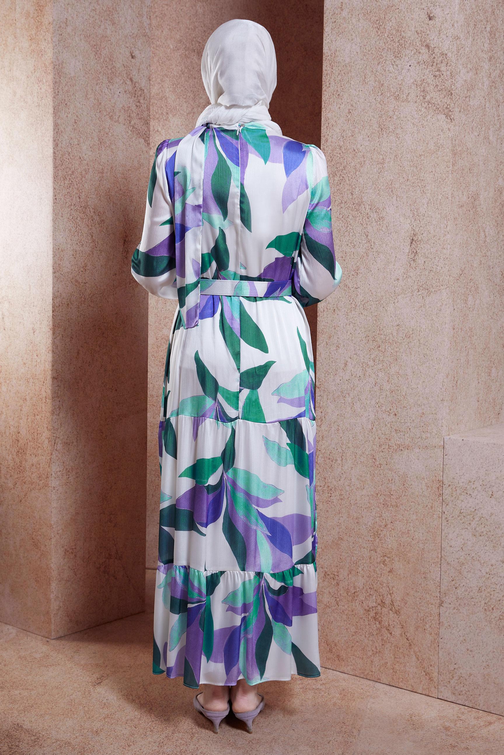 Tesettür giyim MOR KEMERLİ YORYO SATEN ELBİSE 44510