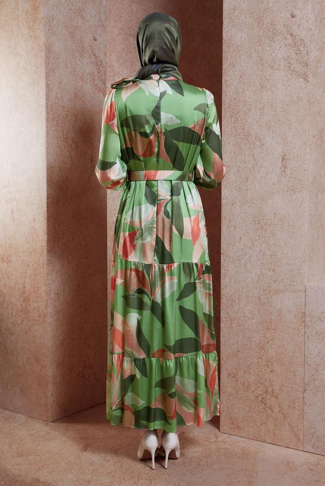 Tesettür giyim HAKİ KEMERLİ YORYO SATEN ELBİSE 44510 - ALVİNA