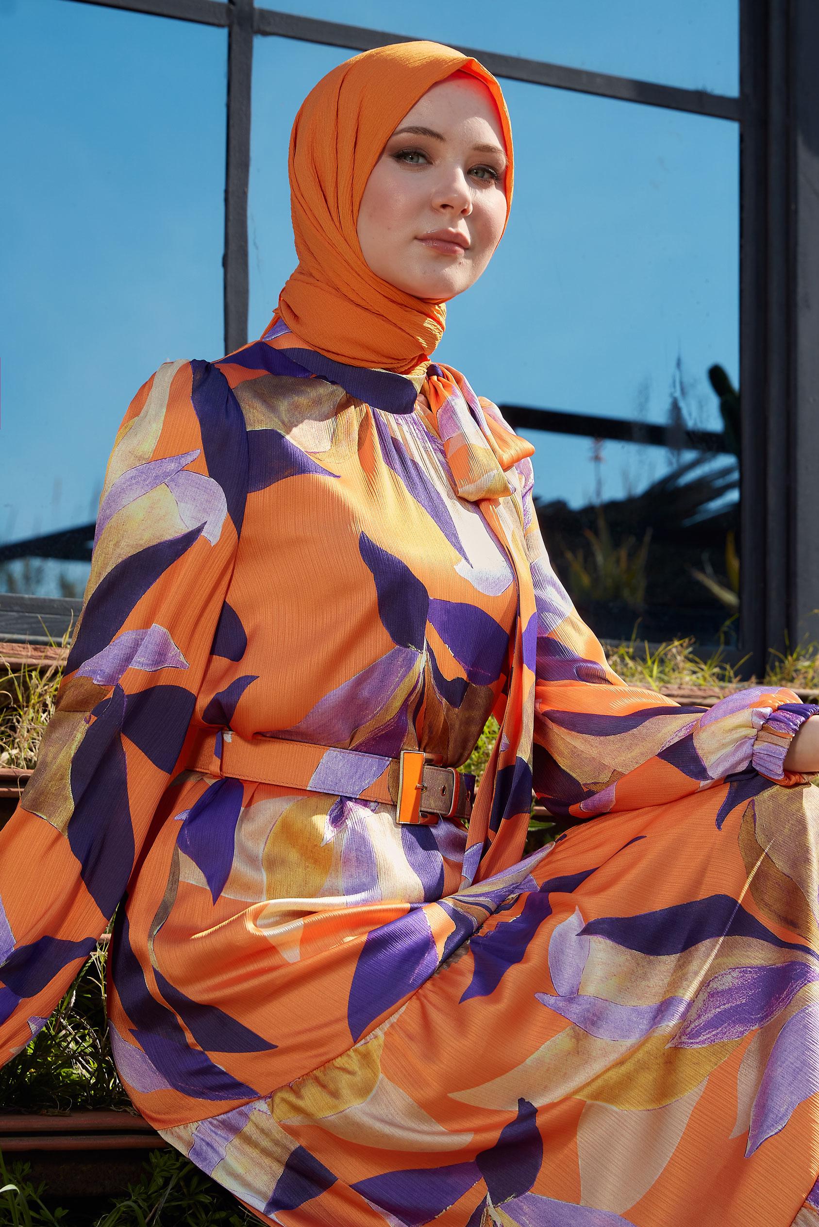 Hijab clothing ORANGE BELTED PATTERNED DRESS 44510