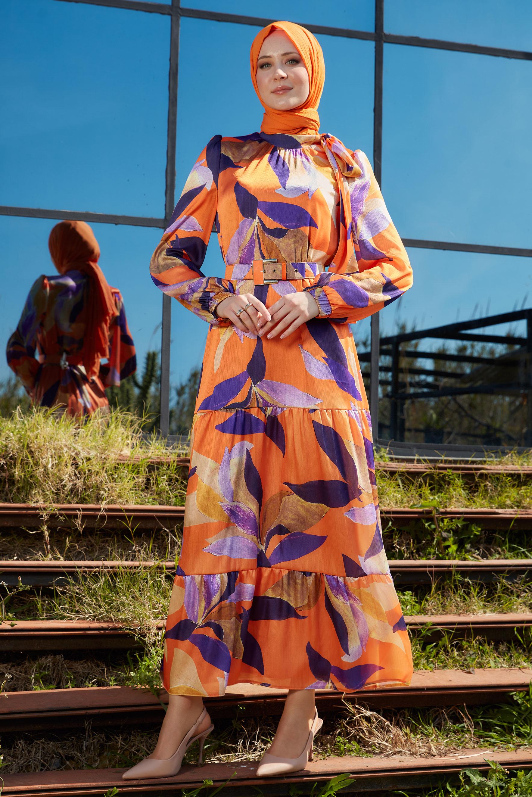 Hijab clothing ORANGE BELTED PATTERNED DRESS 44510