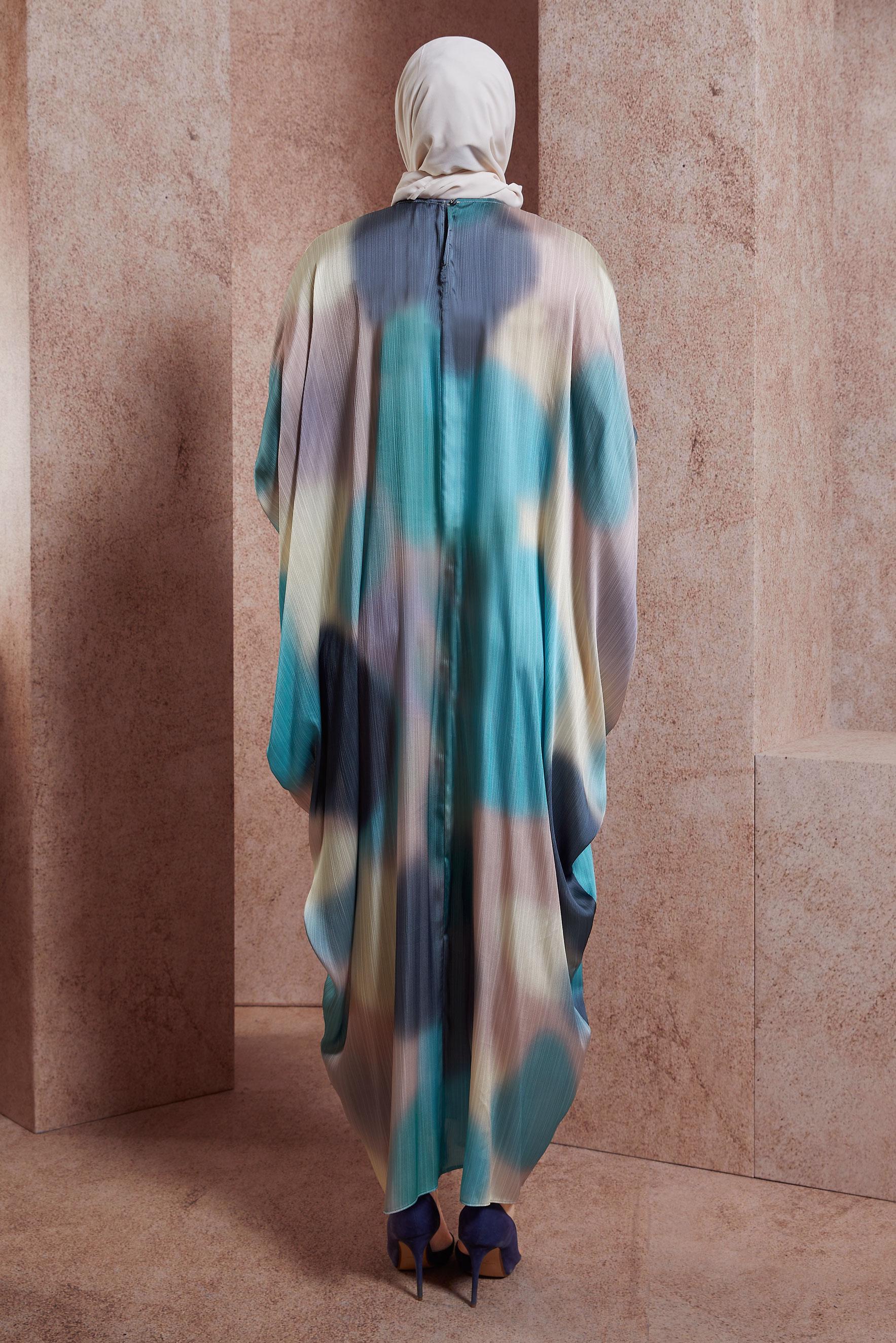 Tesettür giyim PUDRA YARASA KOL YORYO SATEN ELBİSE 44511