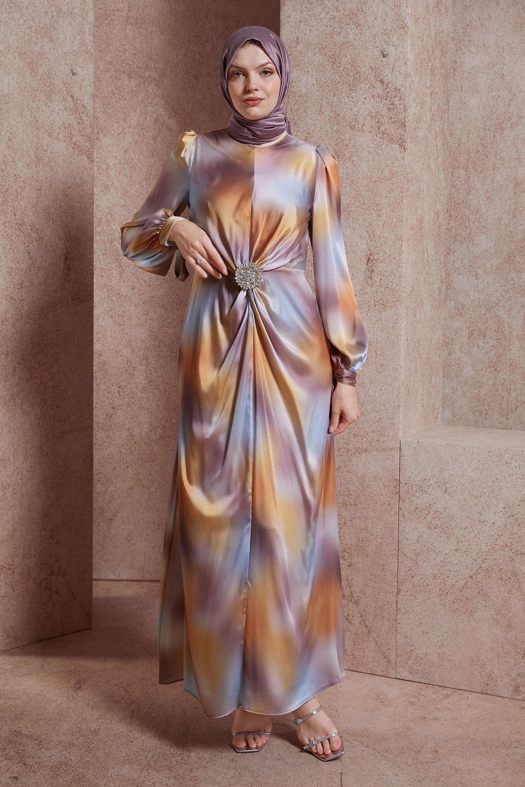 Tesettür giyim TURUNCU DESENLİ YORYO SATEN ELBİSE 44512