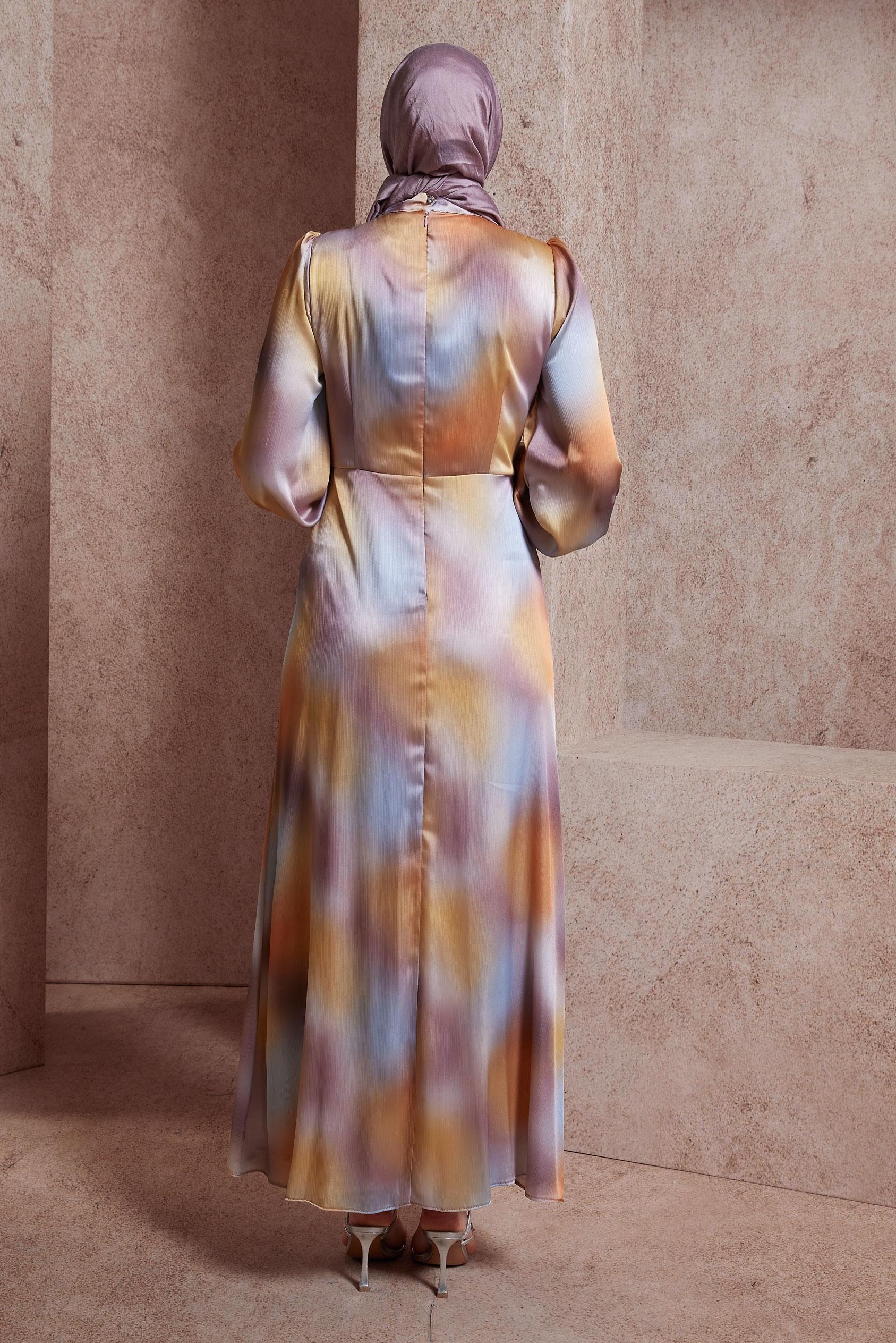 Tesettür giyim TURUNCU DESENLİ YORYO SATEN ELBİSE 44512