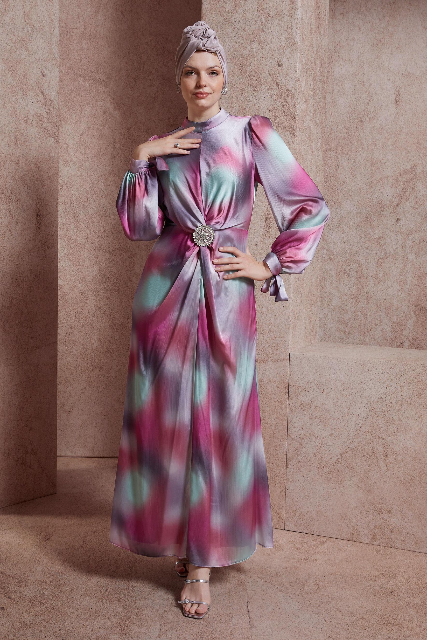 Hijab clothing FUCHSIA PATTERNED YORYO SATIN DRESS 44512