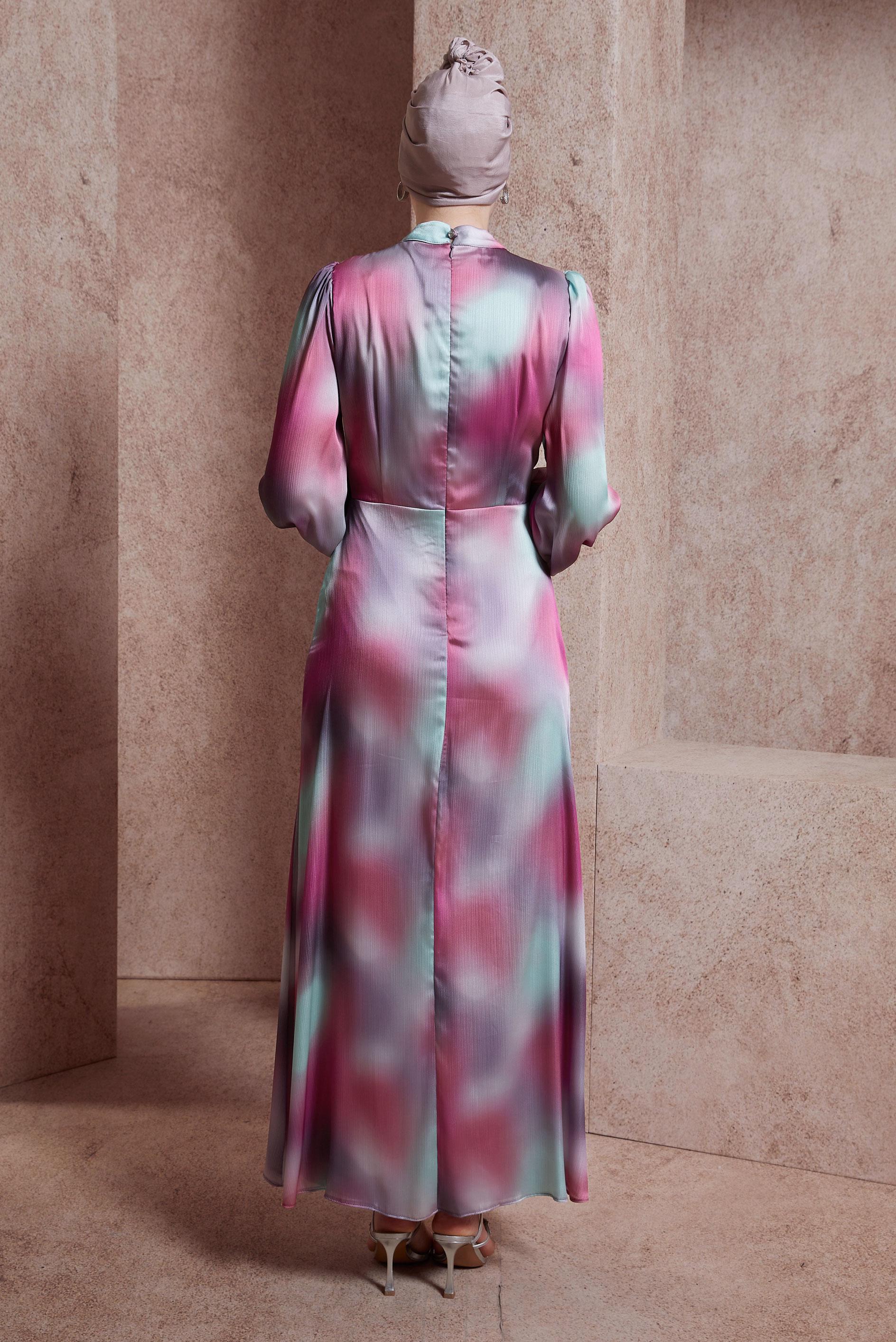 Hijab clothing FUCHSIA PATTERNED YORYO SATIN DRESS 44512
