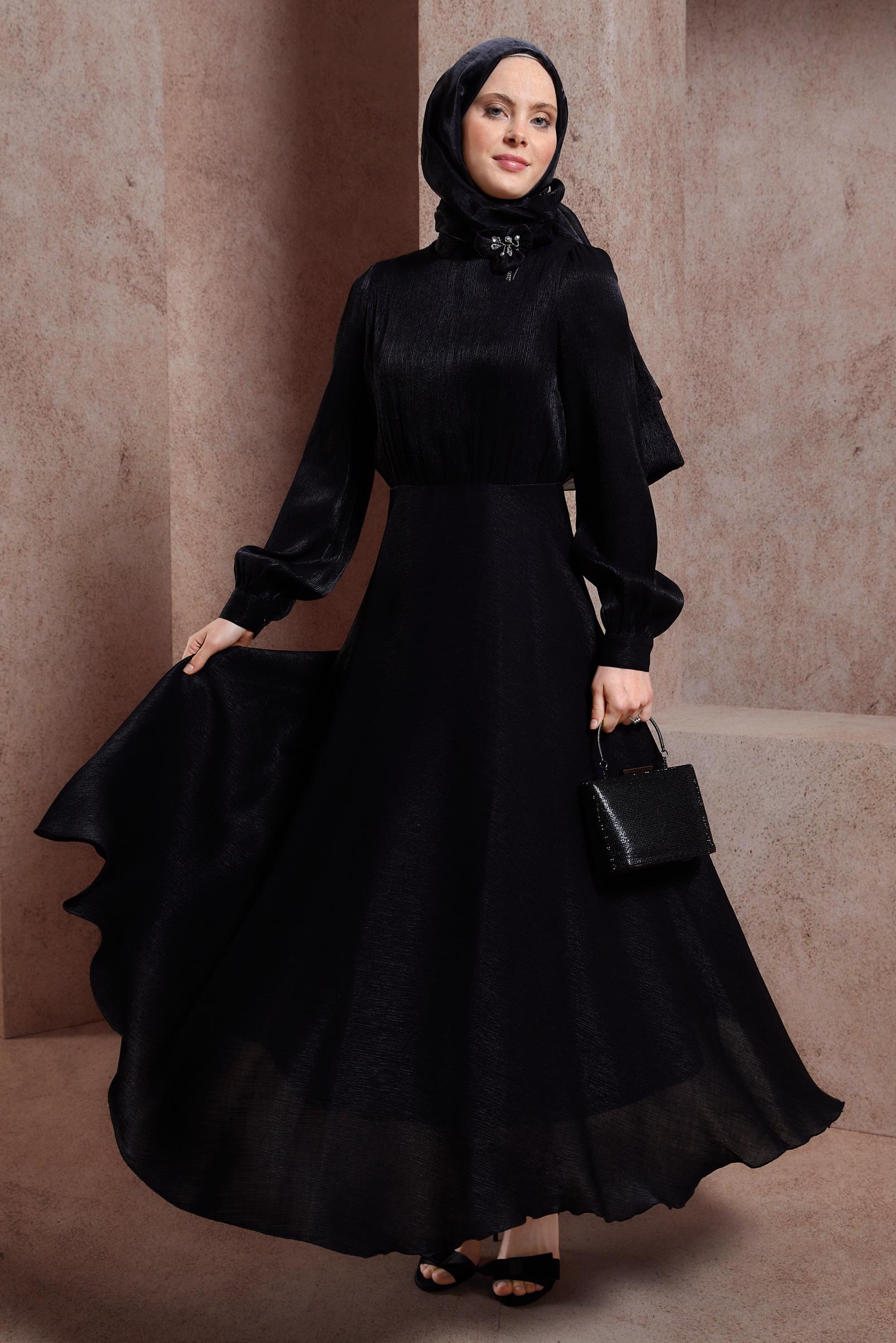 Tesettür giyim SİYAH TAŞ DETAYLI ELBİSE 44545