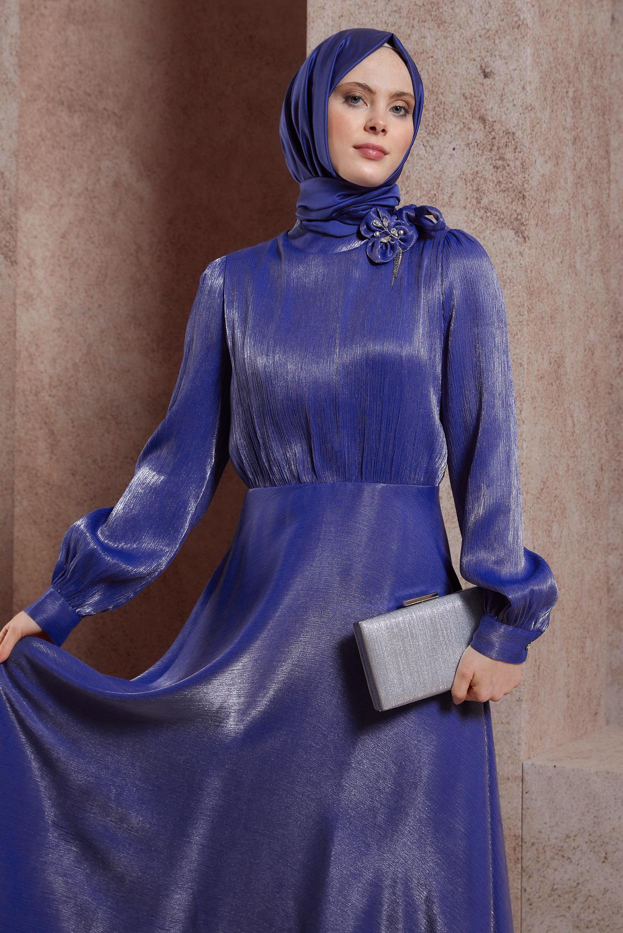 Tesettür giyim LACİVERT TAŞ DETAYLI ELBİSE 44545