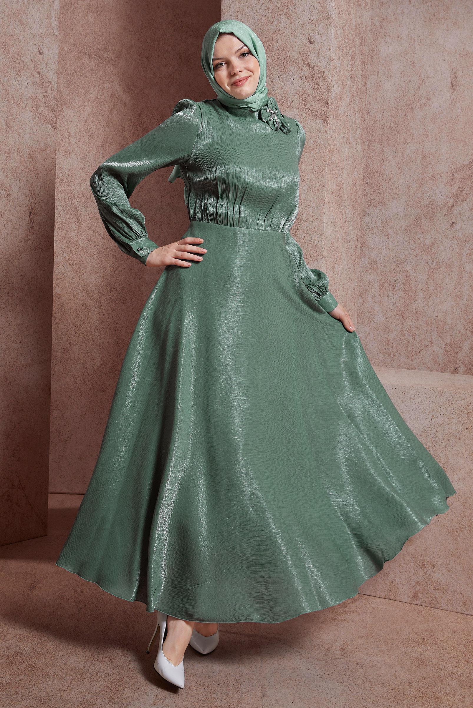 Tesettür giyim YEŞİL TAŞ DETAYLI ELBİSE 44545