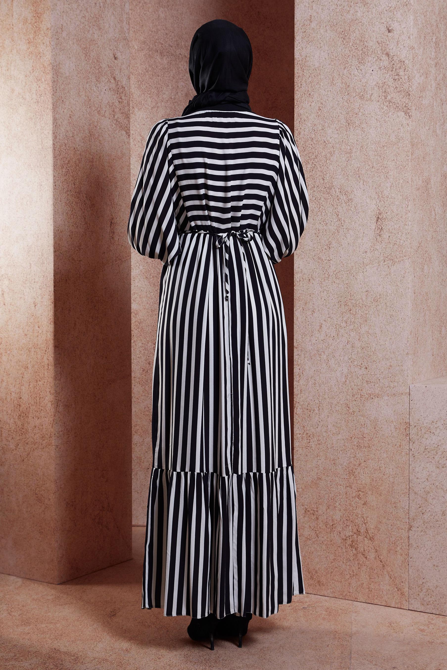 Tesettür giyim SİYAH ÇİZGİLİ BALON KOL ELBİSE 44546