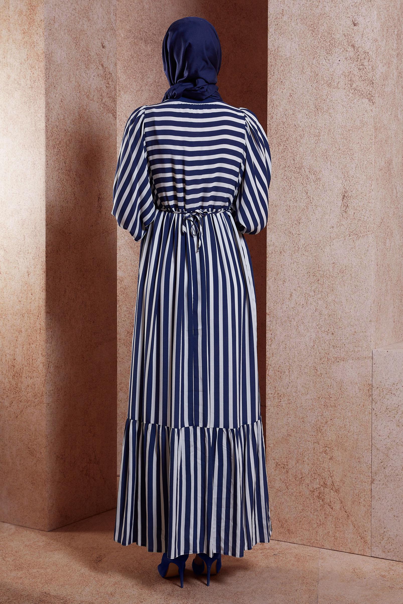 Tesettür giyim LACİVERT ÇİZGİLİ BALON KOL ELBİSE 44546