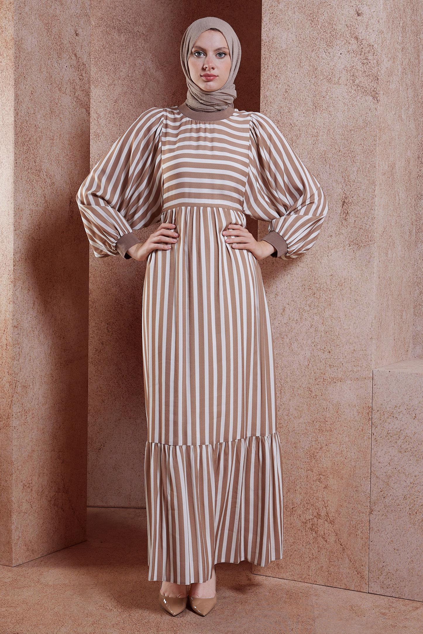 Tesettür giyim KAHVE ÇİZGİLİ BALON KOL ELBİSE 44546