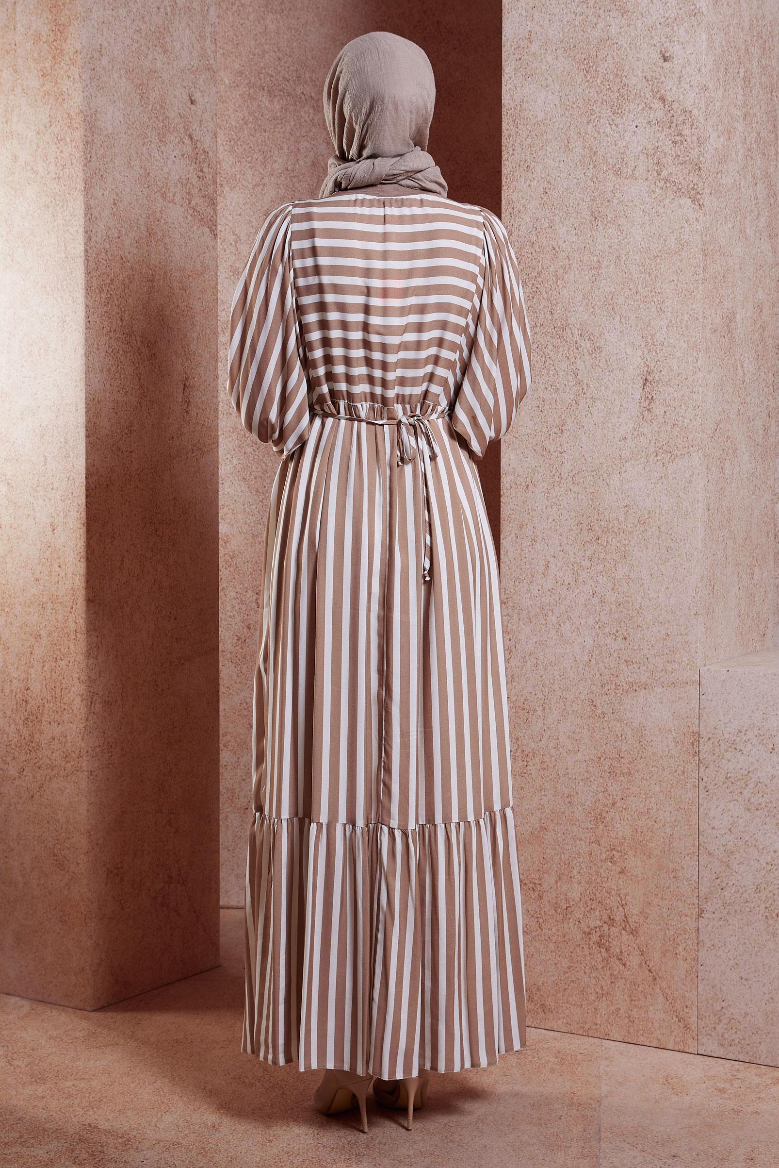 Tesettür giyim KAHVE ÇİZGİLİ BALON KOL ELBİSE 44546