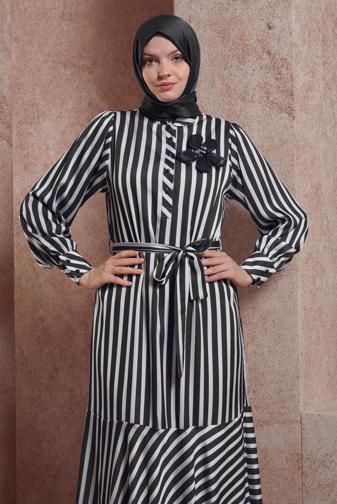 Vêtements hijab NOIR ROBE RAYÉE CEINTURE 44548 - ALVİNA