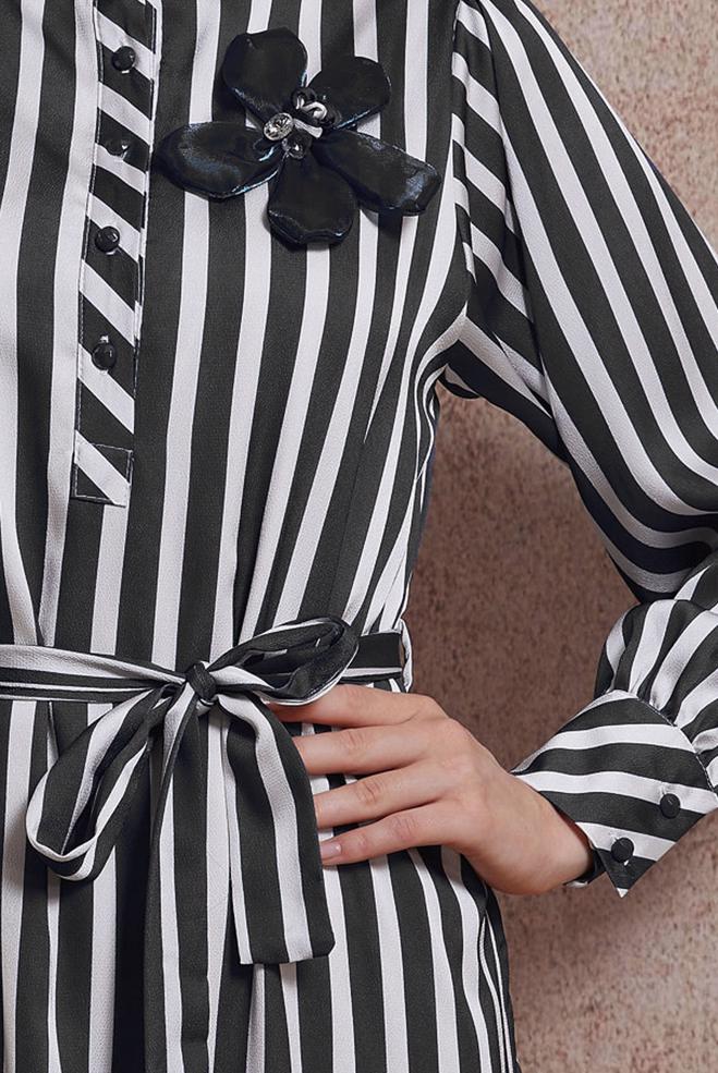 Vêtements hijab NOIR ROBE RAYÉE CEINTURE 44548 - ALVİNA