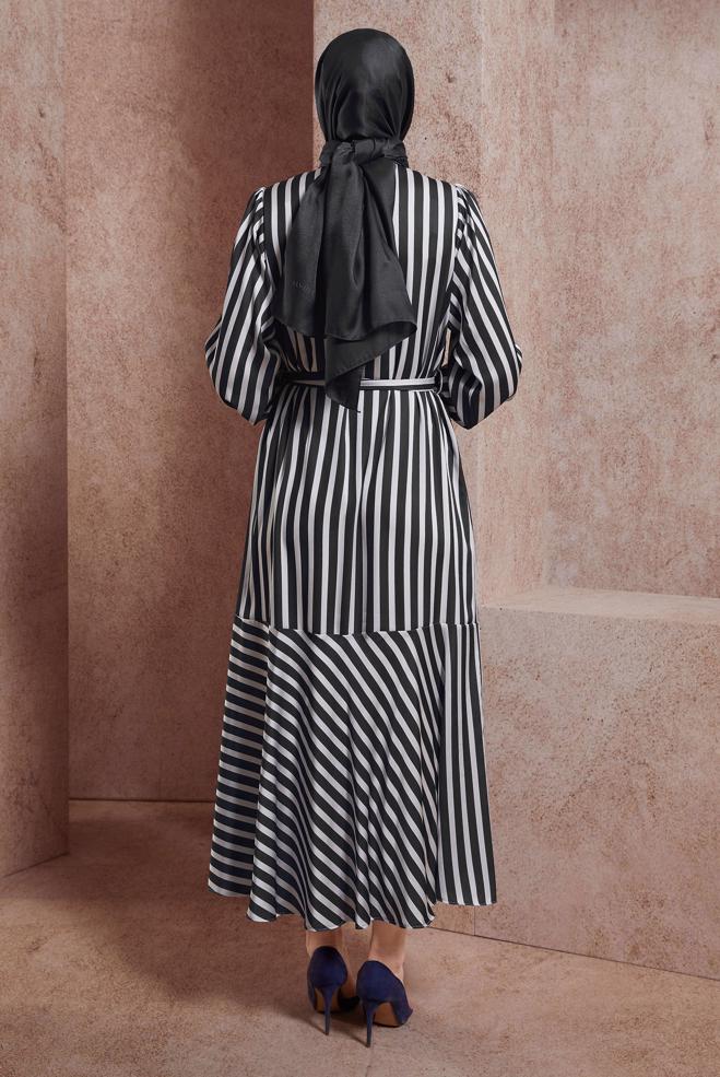 Vêtements hijab NOIR ROBE RAYÉE CEINTURE 44548 - ALVİNA