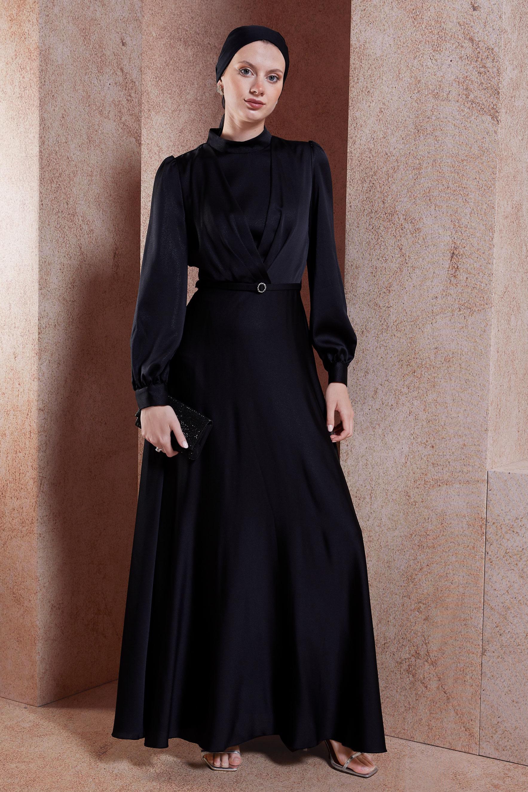Hijab clothing BLACK BELTED SATIN TEXTURED DRESS 44556