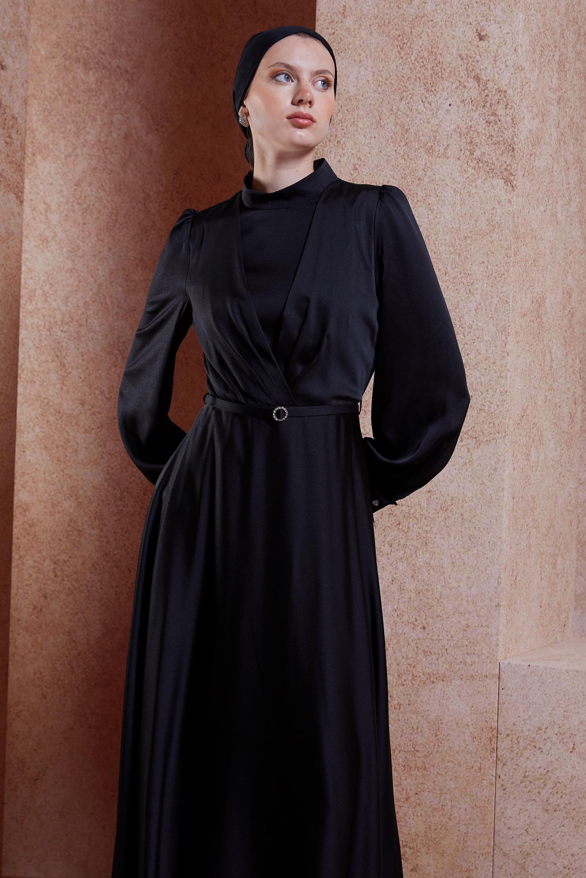 Hijab clothing BLACK BELTED SATIN TEXTURED DRESS 44556