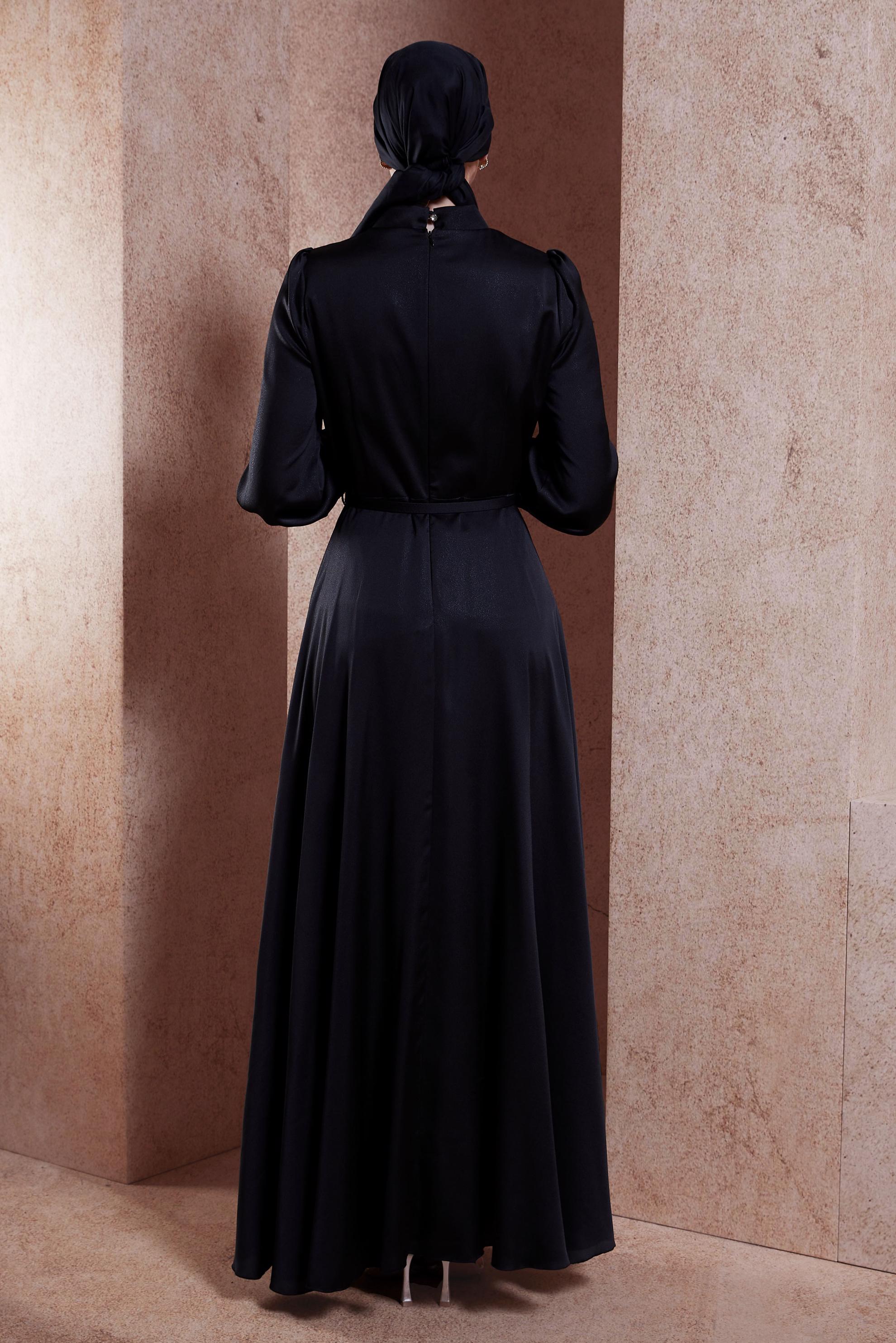 Hijab clothing BLACK BELTED SATIN TEXTURED DRESS 44556