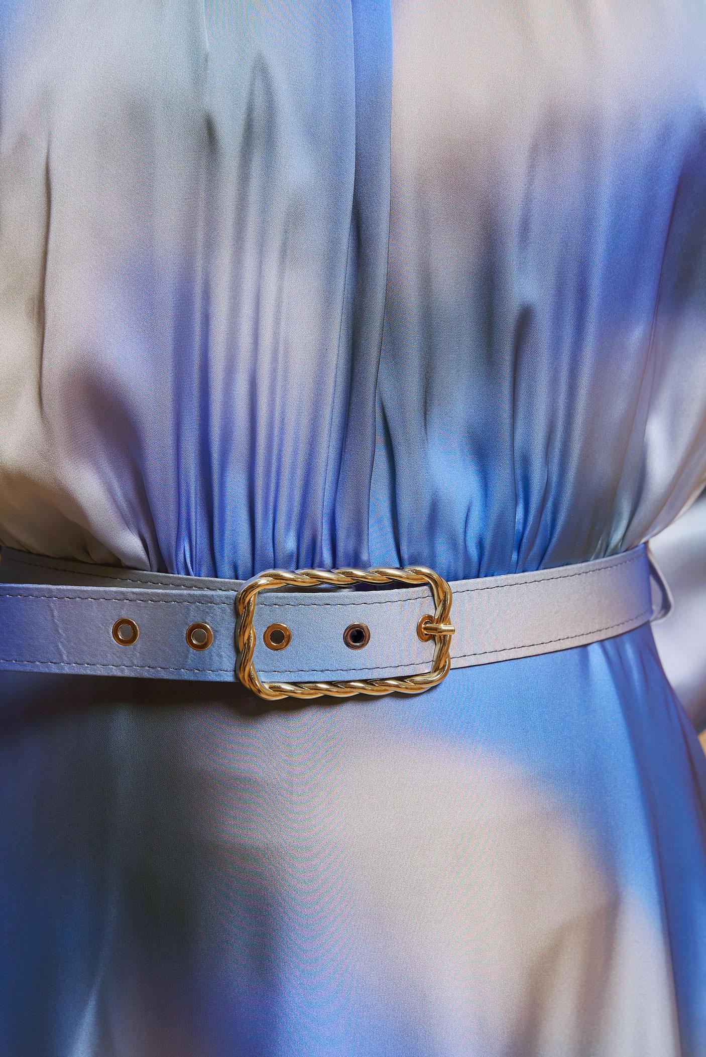 Tesettür giyim MAVİ KEMERLİ DESENLİ ŞİFON SATEN ELBİSE 44562