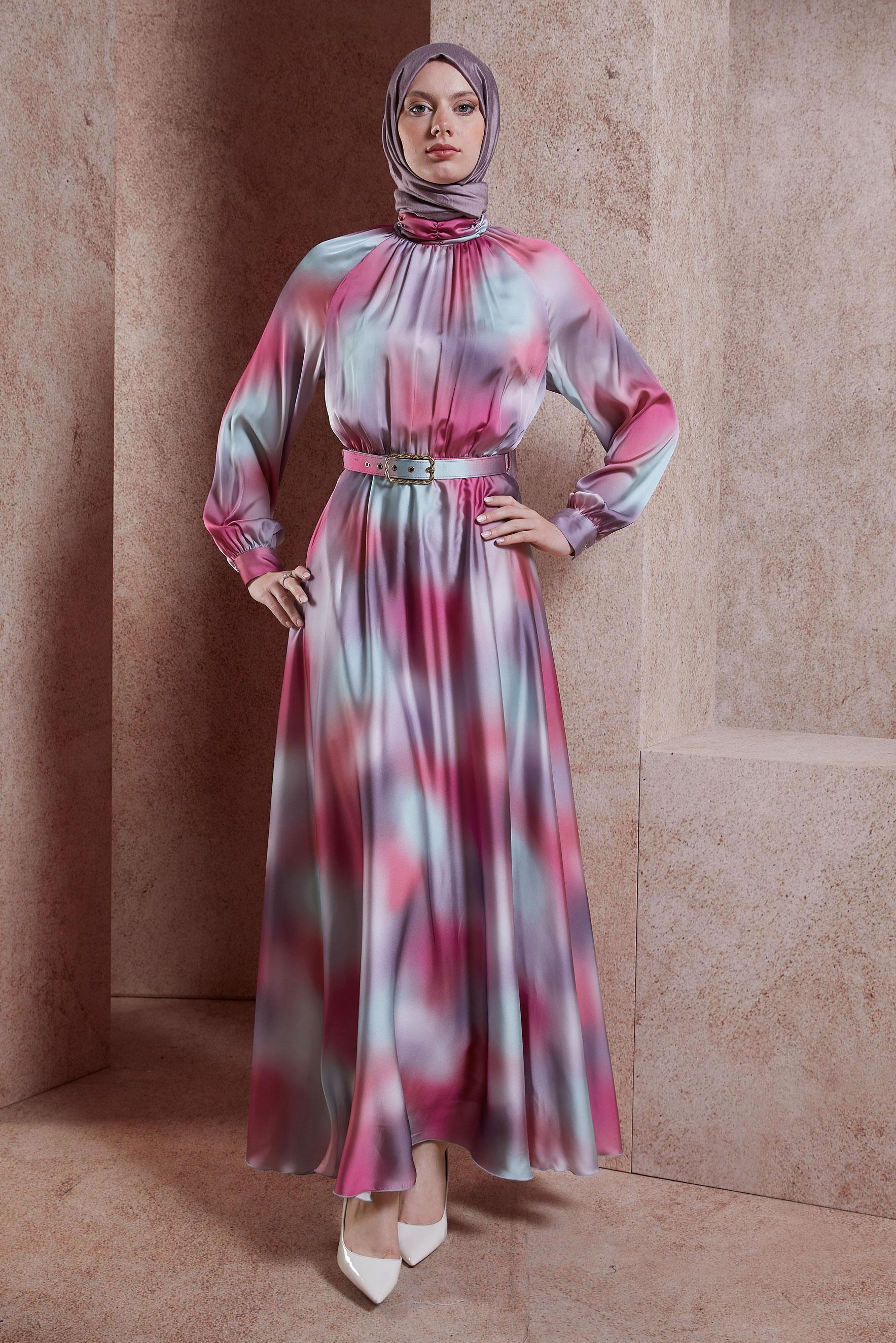 Tesettür giyim FUŞYA KEMERLİ DESENLİ ŞİFON SATEN ELBİSE 44562