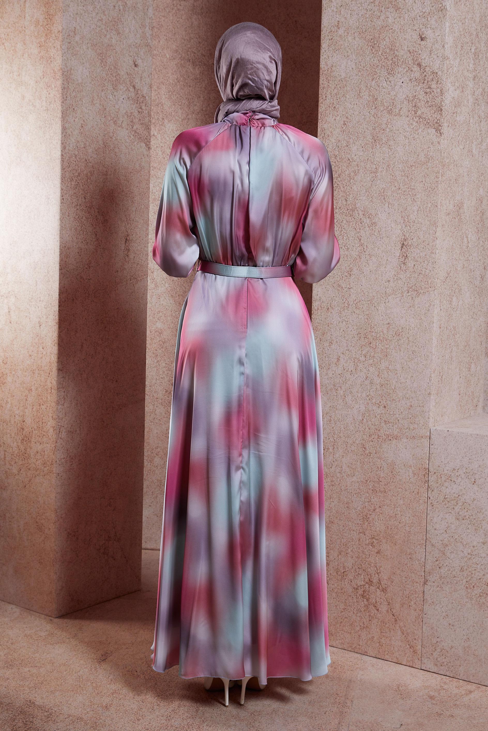 Tesettür giyim FUŞYA KEMERLİ DESENLİ ŞİFON SATEN ELBİSE 44562