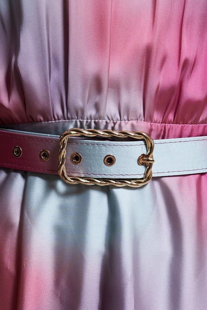 Tesettür giyim FUŞYA KEMERLİ DESENLİ ŞİFON SATEN ELBİSE 44562 - ALVİNA