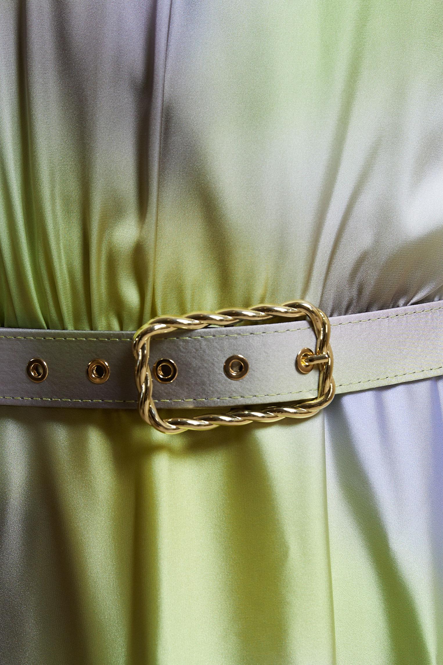 Tesettür giyim YEŞİL KEMERLİ DESENLİ ŞİFON SATEN ELBİSE 44562