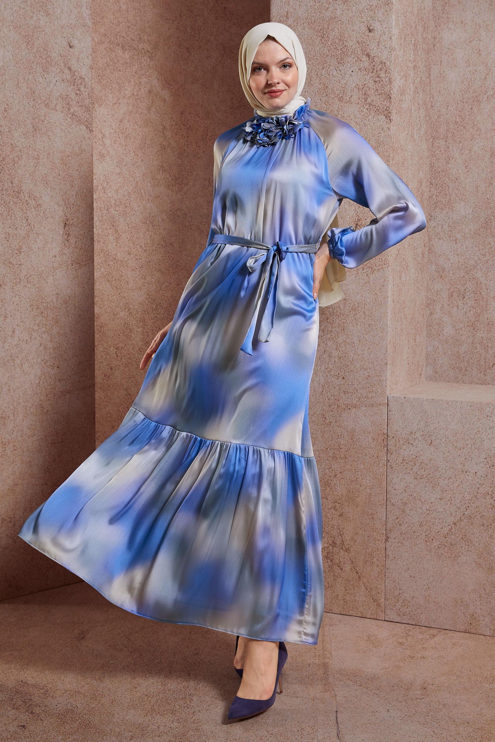 Hijab clothing BLUE BELTED SATIN DRESS 44563